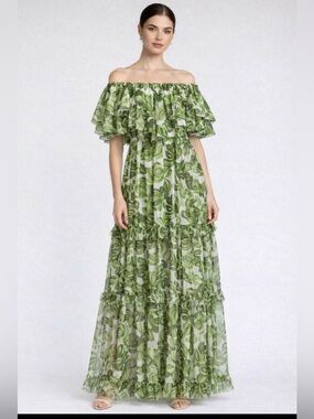 Caroline Constas Olive Green Off-Shoulder Floral Tiered Maxi Dress